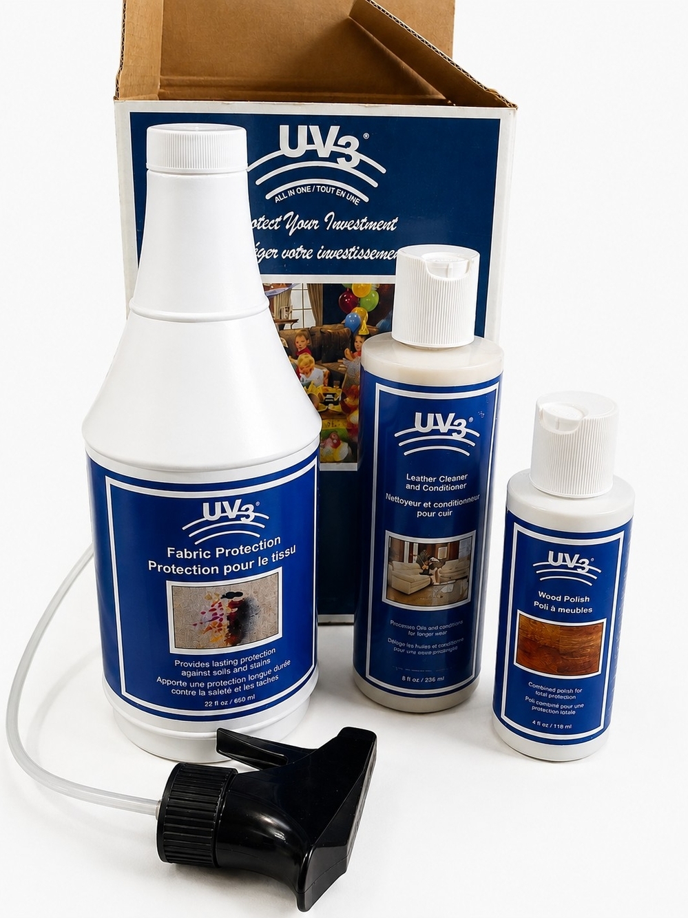 UV3 Complete Furniture Care Kit Fabric Protector Leather Cleaner Wood Polish VTG